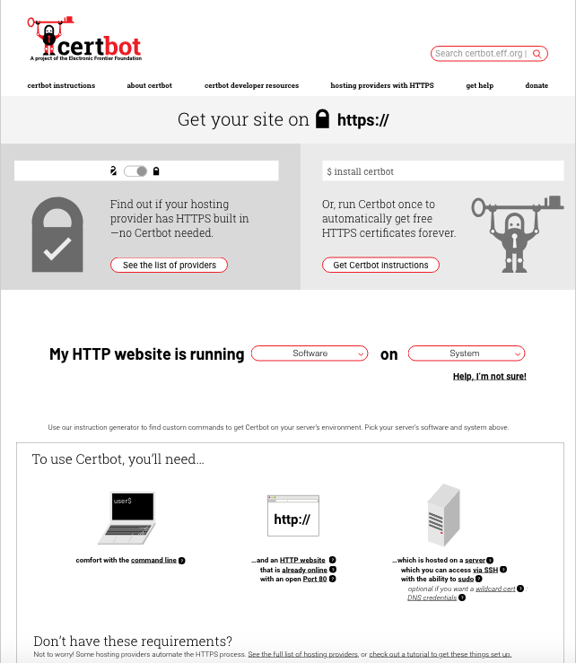a screenshot of the Certbot site after the redesign, prominently showing the text" Get your site on HTTPS," pointing to two sections for "See the list of providers," and "Get Certbot certificates."