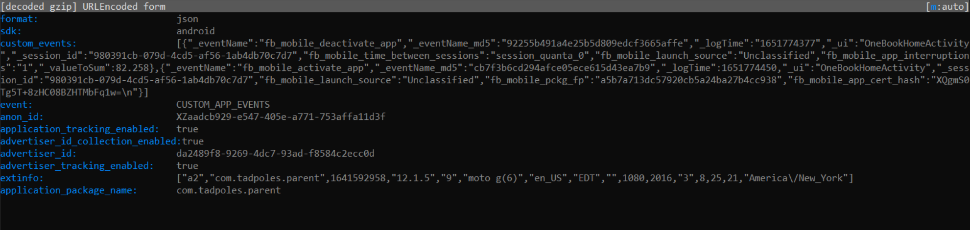 Tadspoles App for Android using Facebook SDK to send custom app event data to graph.facebook.com