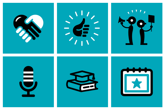 six illustrations in a grid. Hands shaking. thumbs up. protest. Micriphone. graduation cap. calendar.