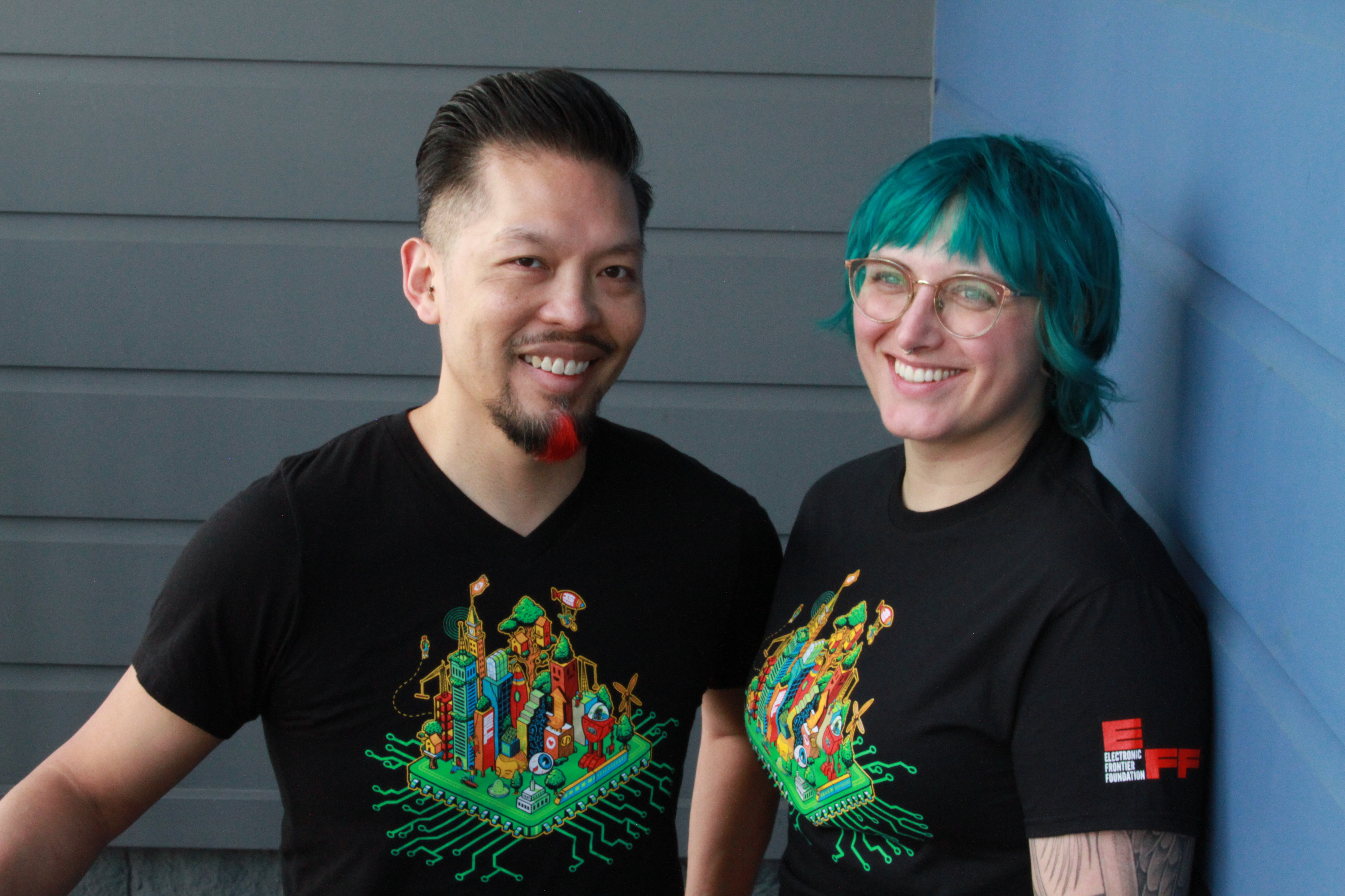 EFF staff wearing our new EFF35 Cityscape t-shirt